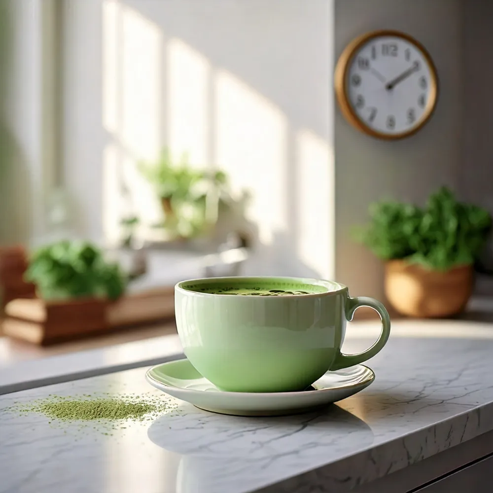 Matcha latte på kjøkkenbenken