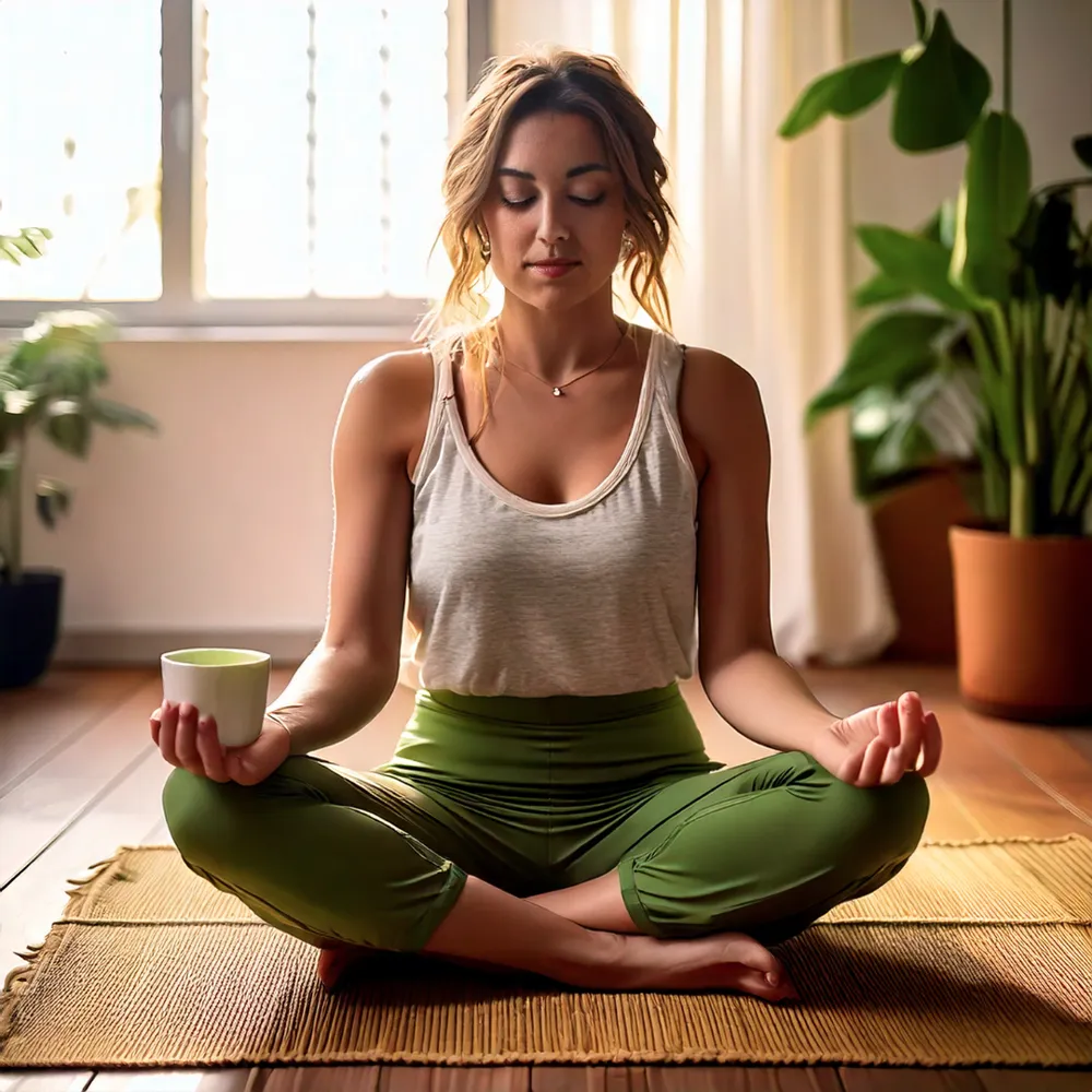 Dame som mediterer mens hun drikker matcha