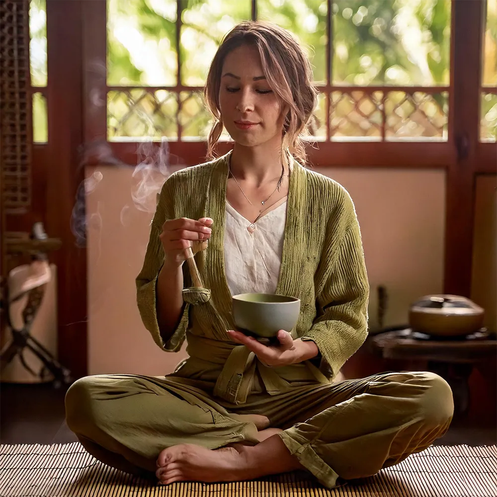 Dame som mediterer og drikker matcha