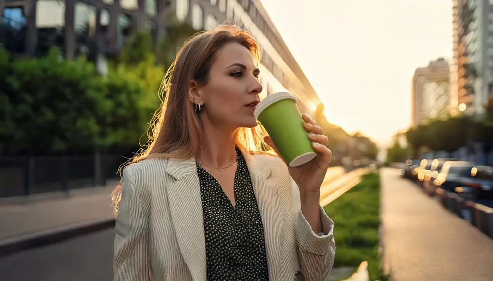 Dame med en kopp matcha on the go